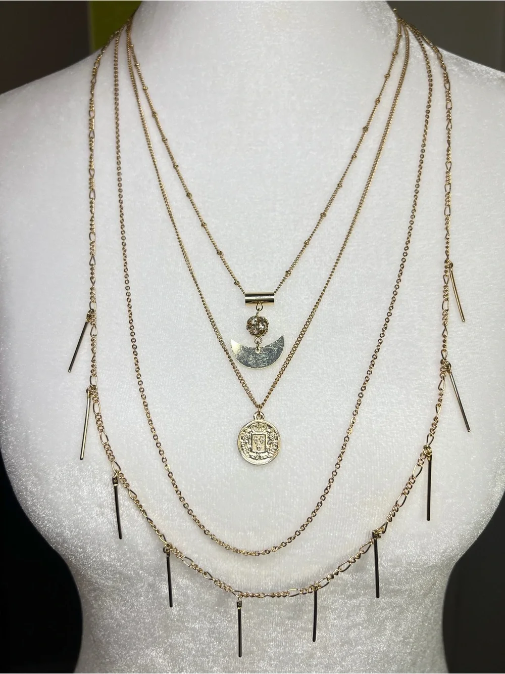 Gold 4 Layered Crescent & Coin Pendant Necklace Set - Picture 10 of 10